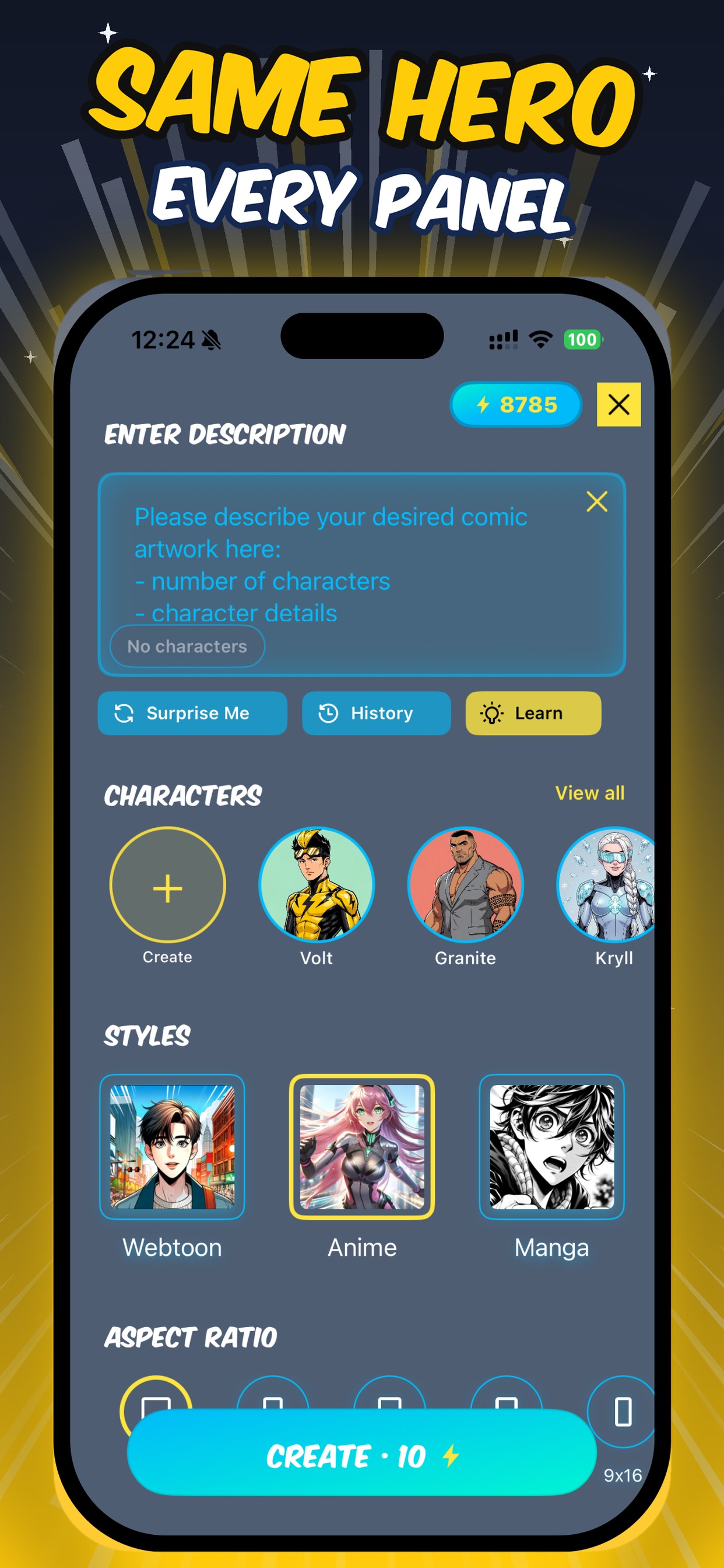 AI generation screen with scene description, style picker and aspect ratios