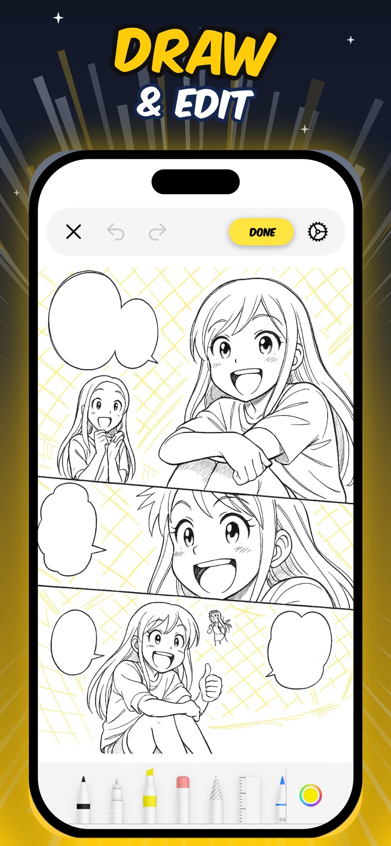 Sticker editor with colorful comic stickers like OUCH, BOOM and YEAH